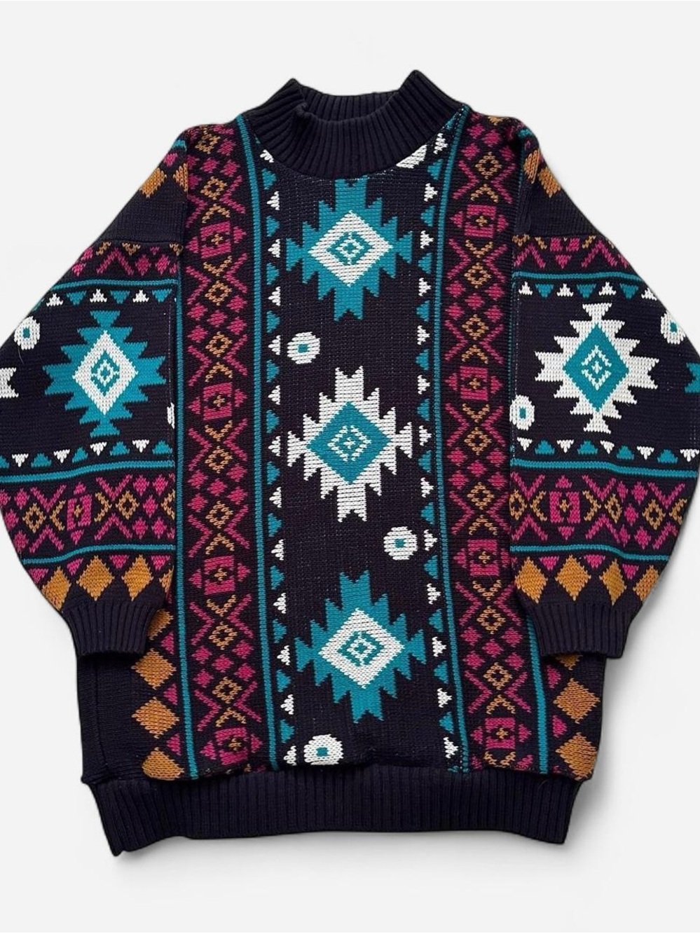 Vintage 1990s Western Navy Geometric knit Sweater - Teal & Multi XL